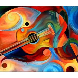 Canvastavla 70x100 cm - Färgstark gitarr omgiven av abstrakta former och svängande linjer Röd / Orange / Blå - Inredning Handla nu