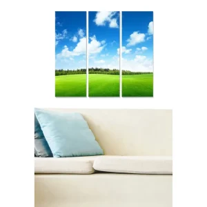 Canvastavla i trä 3-delar 50x70 cm - Vacker landskapsvy med grön äng och blå himmel Grön / Blå - Inredning Fri frakt