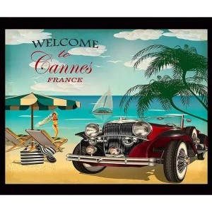 Kampanj Inramad Canvastavla i trä - 41x56 cm - Vintage bil vid en strand i Cannes med en solbadande kvinna Röd / Blå / Grön - Inredning