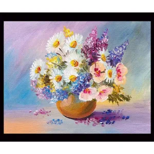 Inramad Canvastavla i trä - 41x56 cm - Färgrik bukett av blommor i en keramikskål Vit / Lila / Blå - Inredning Premium