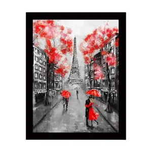 Inramad Canvastavla i trä - 41x56 cm - Romantisk scen med par under röda paraplyer i Paris Röd / Svart / Grå - Inredning Populär