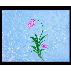 Inramad Canvastavla i trä - 41x56 cm - Stiliserad blomma med rosa knoppar och gröna blad på en ljusblå bakgrund Ljusblå / Rosa / Grön - Inredning Endast denna vecka
