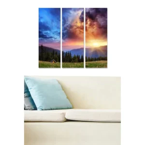 Köp nu Canvastavla i trä 3-delar 50x70 cm - Storslagen solnedgång över fjällandskap Blå / Orange / Grön - Inredning