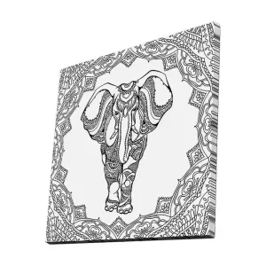 Canvastavla 45x45 cm - Detaljerad svartvit illustration av en elefant omgiven av ornamentala mönster Svart / Vitt - Inredning Premium