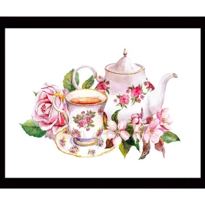 Beställ nu Inramad Canvastavla i trä - 41x56 cm - Teapot och kopp med blommor i romantisk stil Rosa / Grön / Vit - Inredning