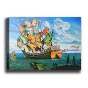 Canvastavla 70x100 cm - Båt fylld med färgglada fjärilar svävar över havet Orange / Grön / Blå - Inredning Fri frakt