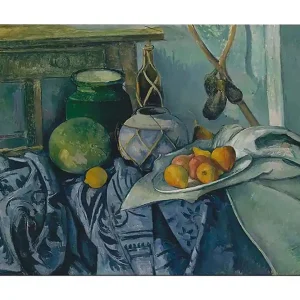 Canvastavla 70x100 cm - Stilleben med frukter och keramik på en dukad yta Grön / Blå / Orange - Inredning Lägg i varukorgen