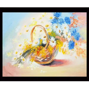 Inramad Canvastavla i trä - 41x56 cm - Färgrik korg med blommor Blå / Vit / Gul - Inredning Begränsat erbjudande