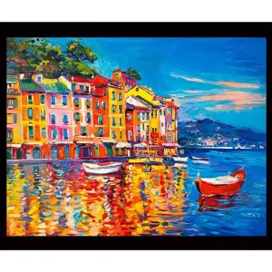 Begränsad tid Inramad Canvastavla i trä - 41x56 cm - Färgglad hamn med pastellfärgade byggnader och båtar Blå / Orange / Gul - Inredning