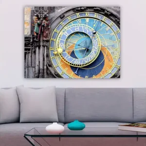 Canvastavla 70x100 cm - Detaljerad och färgglad astronomisk klocka med gyllene och blå detaljer Guld / Blå / Orange - Inredning Beställ idag