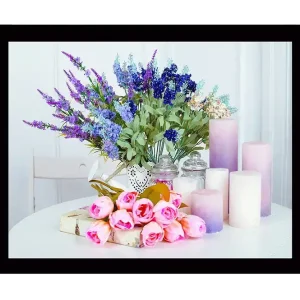 Inramad Canvastavla i trä - 41x56 cm - Färgrik bukett av blommor med ljusa ljus och dekorationer Lila / Rosa / Grön - Inredning Begränsat antal