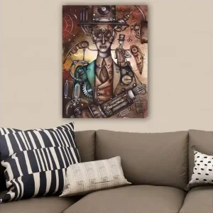 risnedsättning Canvastavla 70x100 cm - Steampunk-inspirerad karaktär med mekaniska detaljer och en hatt Koppar / Grön / Beige - Inredning
