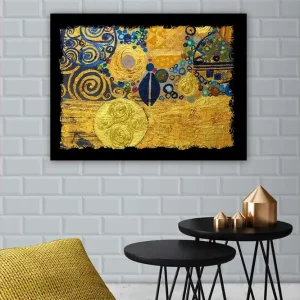 Premium Canvastavla 70x100 cm - Ett abstrakt konstverk med gyllene cirklar och svarta spiraler som skapar en dynamisk komposition Guld / Blå / Svart - Inredning