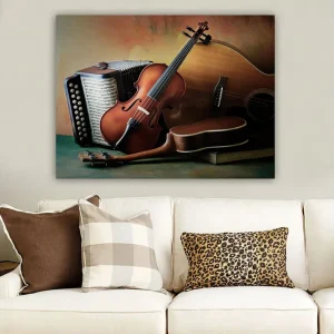 Canvastavla 70x100 cm - Stilla komposition av musikinstrument som inkluderar en fiol, gitarr och dragspel Brun / Beige / Mörkgrön - Inredning Begränsat erbjudande