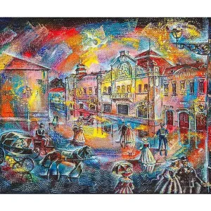 Canvastavla 70x100 cm - Livlig stadsbild med människor i historiska kläder som promenerar på en gata med vackra byggnader och hästdragna vagnar Blå / Röd / Gul - Inredning Rabatter