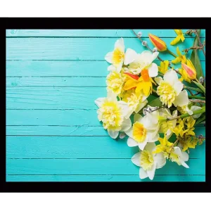 Inramad Canvastavla i trä - 41x56 cm - Färgrik bukett av blommor på en turkos bakgrund Vit / Gul / Turkos - Inredning Lågt pris