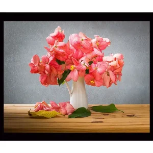 Inramad Canvastavla i trä - 41x56 cm - Färgrik bukett av blommor i en vit vas Rosa / Grön - Inredning Kampanjpris