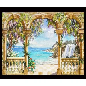 Inramad Canvastavla i trä - 41x56 cm - Utsikt över havet med pelargång och blommande växter Blå / Grön / Beige - Inredning Handla nu