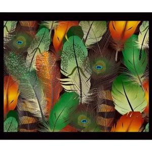 Inramad Canvastavla i trä - 41x56 cm - Färgglada fjädrar i en livlig komposition Grön / Orange / Gul - Inredning Rea