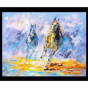Billig Inramad Canvastavla i trä - 41x56 cm - Två hästar som galopperar framåt i en färgstark och dynamisk komposition Blå / Orange / Vit - Inredning