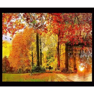 Inramad Canvastavla i trä - 41x56 cm - Höstlandskap med färgglada träd och en solnedgång vid en sjö Orange / Röd / Gul - Inredning Trygg betalning