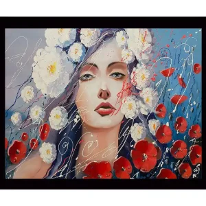 Inramad Canvastavla i trä - 41x56 cm - Expressivt porträtt av kvinna omsluten av vita och röda blommor Röd / Blå / Vit - Inredning Fynd