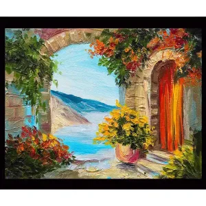 Sänkt pris Inramad Canvastavla i trä - 41x56 cm - Utsikt genom en stenbåge med blommor och hav i bakgrunden Grön / Blå / Orange - Inredning