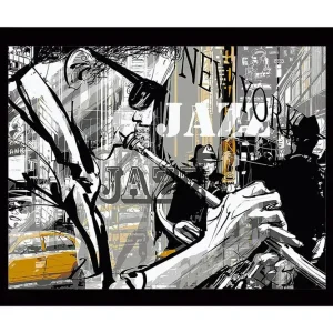 Kampanj Inramad Canvastavla i trä - 41x56 cm - Jazzmusiker i en livlig stadsmiljö Svart / Grå / Gul - Inredning
