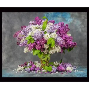 Säker betalning Inramad Canvastavla i trä - 41x56 cm - Färgrik bukett av syrenblommor Lila / Vit / Grön - Inredning