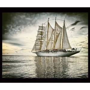 Premium Inramad Canvastavla i trä - 41x56 cm - Storslagen segelbåt på spegelblanka vattenytor Vit / Grå / Beige - Inredning