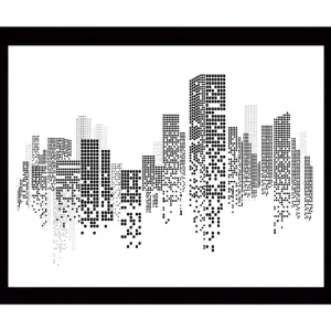 Inramad Canvastavla i trä - 41x56 cm - Abstrakt stadslandskap med pixelerade byggnader Svart / Vitt / Grått - Inredning Rea
