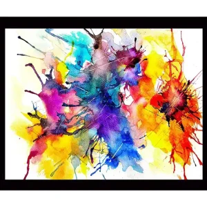 Säker betalning Inramad Canvastavla i trä - 41x56 cm - Färgglad abstrakt komposition med sprudlande färgexplosioner Blå / Gul / Röd - Inredning