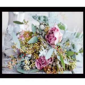 Sista chansen Inramad Canvastavla i trä - 41x56 cm - Färgrik bukett av rosor och gröna bladverk Lila / Grön / Beige - Inredning