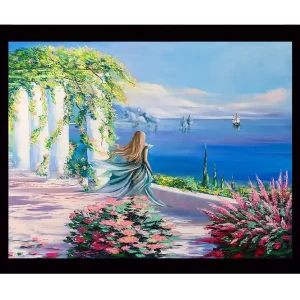 Sänkt pris Inramad Canvastavla i trä - 41x56 cm - Kvinna i blå klänning som blickar ut över havet med blommor i förgrunden Blå / Grön / Rosa - Inredning