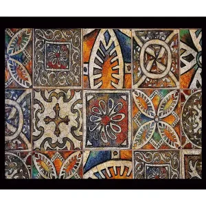 Rabatter Inramad Canvastavla i trä - 41x56 cm - Mönstrad kakelplatta med geometriska och florala motiv Orange / Blå / Beige - Inredning