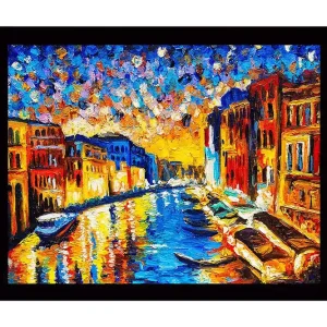 Begränsat antal Inramad Canvastavla i trä - 41x56 cm - Vacker venetiansk kanal vid solnedgång med färgglada byggnader Blå / Orange / Gul - Inredning