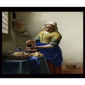 Kundfavorit Inramad Canvastavla i trä - 41x56 cm - Kvinna som häller mjölk i en skål vid ett bord med bröd och keramik Blå / Gul / Brun - Inredning