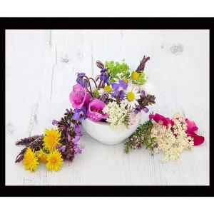 Inramad Canvastavla i trä - 41x56 cm - Färgrik bukett av blommor i en vit skål Lila / Rosa / Gul - Inredning Begränsat erbjudande