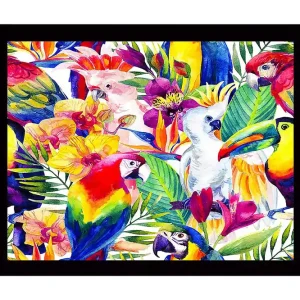 Inramad Canvastavla i trä - 41x56 cm - Färgglad samling av tropiska fåglar och blommor Grön / Röd / Gul - Inredning Nyhet
