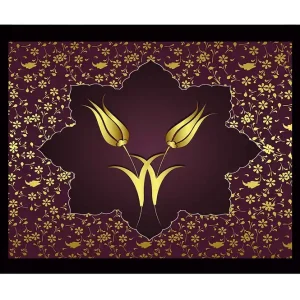 Kampanj Inramad Canvastavla i trä - 41x56 cm - Stiliserade blommor i guld mot en mörkröd bakgrund Mörkröd / Guld - Inredning