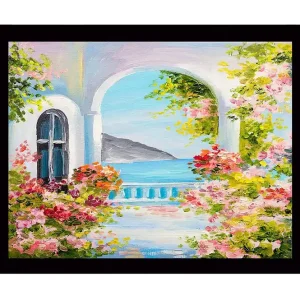 Inramad Canvastavla i trä - 41x56 cm - Blomstrande balkong med havsutsikt Rosa / Grön / Blå - Inredning Endast idag