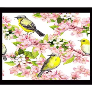 Inramad Canvastavla i trä - 41x56 cm - Färgglad komposition med fåglar och blommor Rosa / Gul / Grön - Inredning I lager