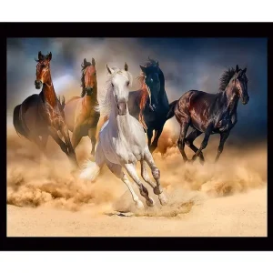 Inramad Canvastavla i trä - 41x56 cm - Fem hästar som galopperar genom sandstorm Vit / Brun / Svart - Inredning Extra rabatt