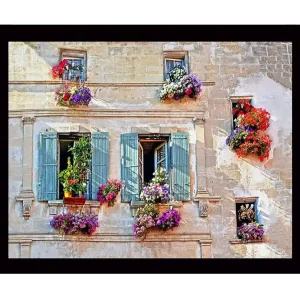 Outlet Inramad Canvastavla i trä - 41x56 cm - Fönster med blomsterarrangemang i livfulla färger Lila / Röd / Grön - Inredning