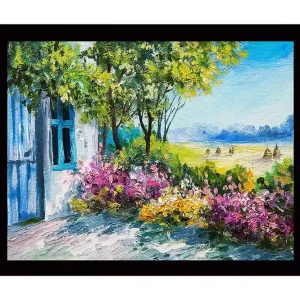 Inramad Canvastavla i trä - 41x56 cm - Vacker landskapsvy med blommor och ett hus i bakgrunden Grön / Lila / Blå - Inredning Handla nu