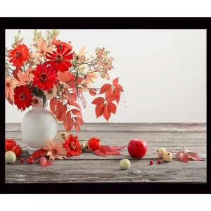 Populärt val Inramad Canvastavla i trä - 41x56 cm - Färgrik bukett av blommor och frukter i en vas Röd / Orange / Grön - Inredning