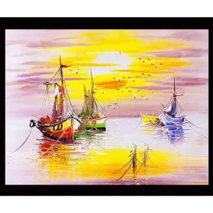Inramad Canvastavla i trä - 41x56 cm - Färgglada segelbåtar i solnedgång vid havet Gult / Blått / Rött - Inredning Beställ idag