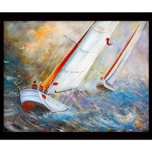 Nedsatt pris Inramad Canvastavla i trä - 41x56 cm - Segelbåtar som navigerar genom stormiga vatten Blå / Vit / Orange - Inredning