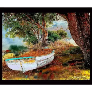 Inramad Canvastavla i trä - 41x56 cm - Övergiven båt omgiven av grönska och stilla vatten Grön / Brun / Vit - Inredning Rabatter
