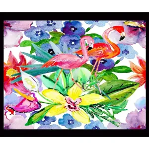 Inramad Canvastavla i trä - 41x56 cm - Flamingos bland färgglada blommor och gröna blad Rosa / Grön / Gul - Inredning Reapris